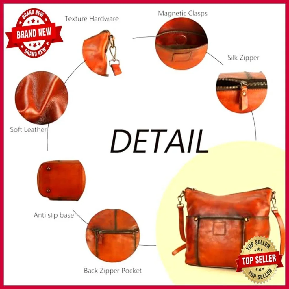 Genuine Leather Hobo Crossbody Bag Adjustable Strap Multiple Pockets